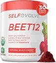 selfevolve Beet12 - Polvere di radice di barbabietola organica potenziata con vitamina B12, Booster di ossido nitrico, polvere di succo di barbabietola sostegno energia naturale, polvere di barbabietola con aroma di ciliegia nero, 30 Serve