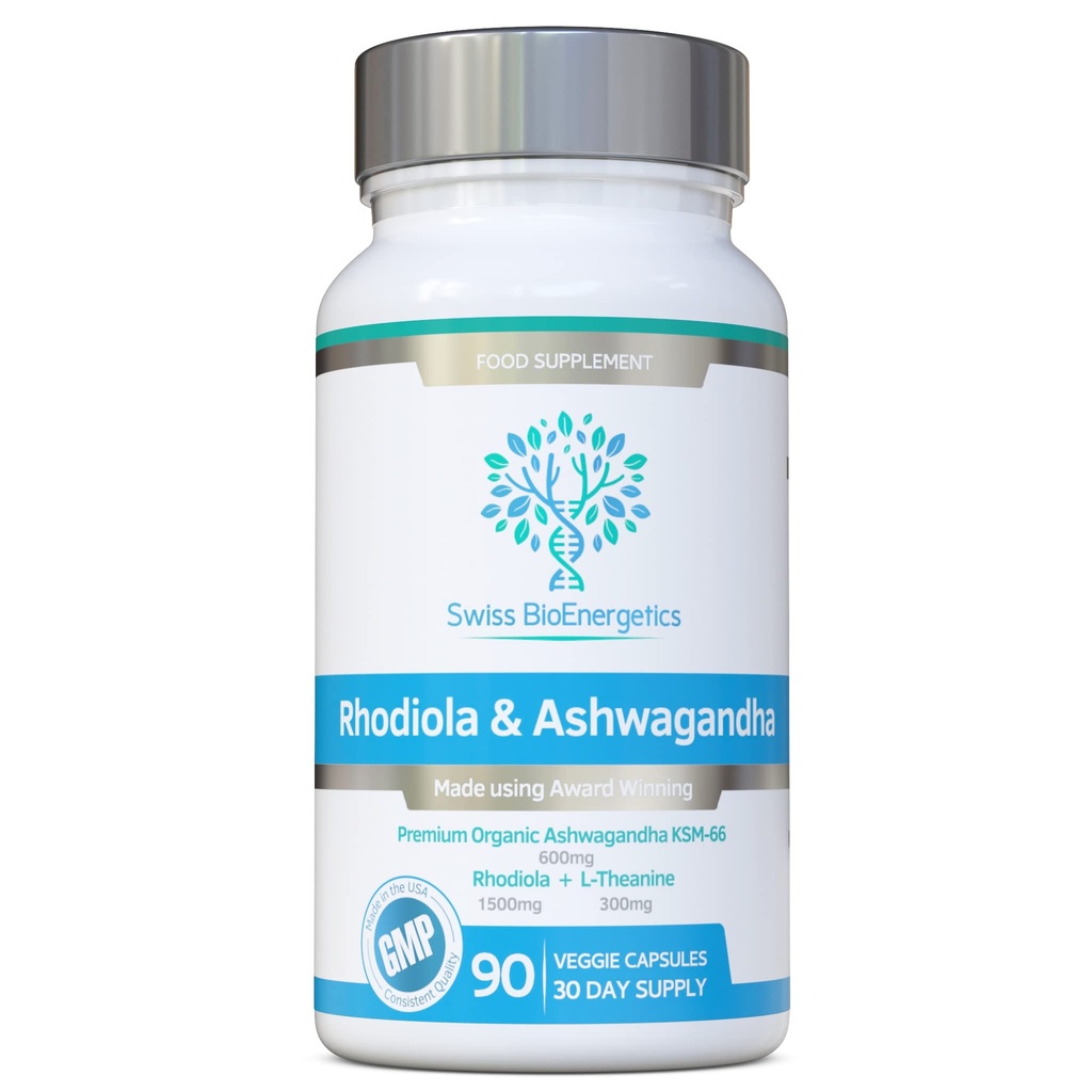 Rhodiola & Ashwagandha con L-Theanine - Premio vincitore Ashwagandha KSM-66 600mg & 1500mg Rhodiola (3% Rosavins - 1% Salidrosides) intero radice equivalente-adaogen combo- Nessun riempimento artificiale