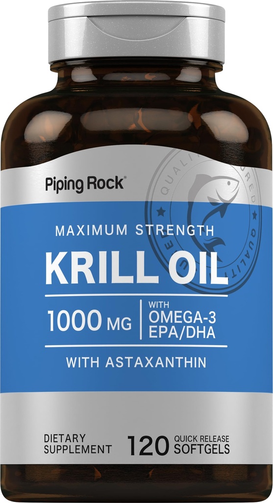 Piping Rock Krill olio Omega 3 Softgel Capsule | 1000mg | 120 Count | EPA DHA Supplemento con Astaxanthin | Forza massima | Non OGM, Gluten Free