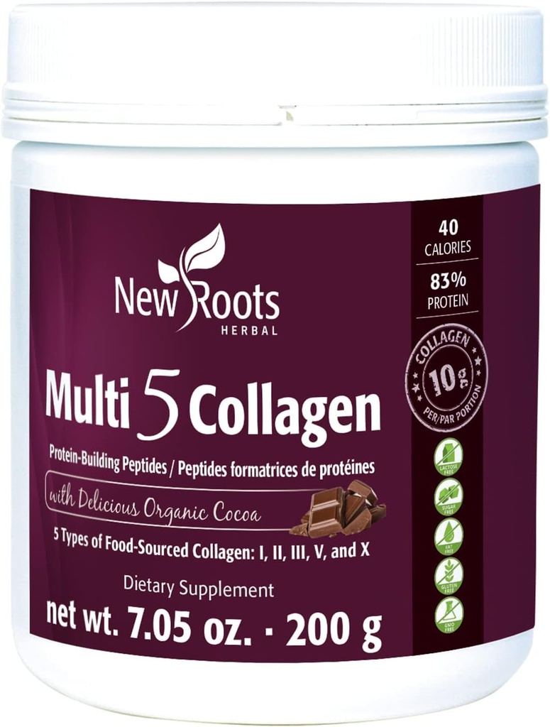 NUOVO ROOTS HERBAL Multi 5 Coco Collagen Powder Supplement (Tipes I, II, III, V e X) Collage idrolizzato - Latticini & Gluten Free - 12g per porzione - Cioccolato Flavor, 7.05 oz