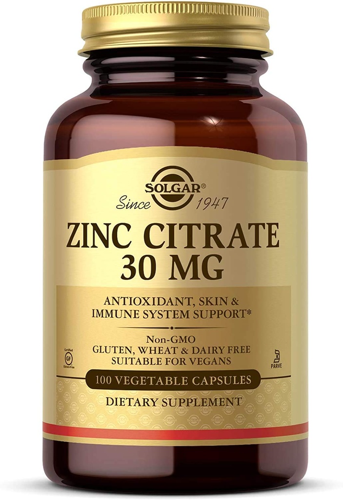 Solgar Zinc Citrate Capsule vegetali, 100 Conte, Non OGM, Gluten Free e Kosher, Supporta la salute del sistema immunitario, la pelle sana e gli occhi, il gusto normale e la visione
