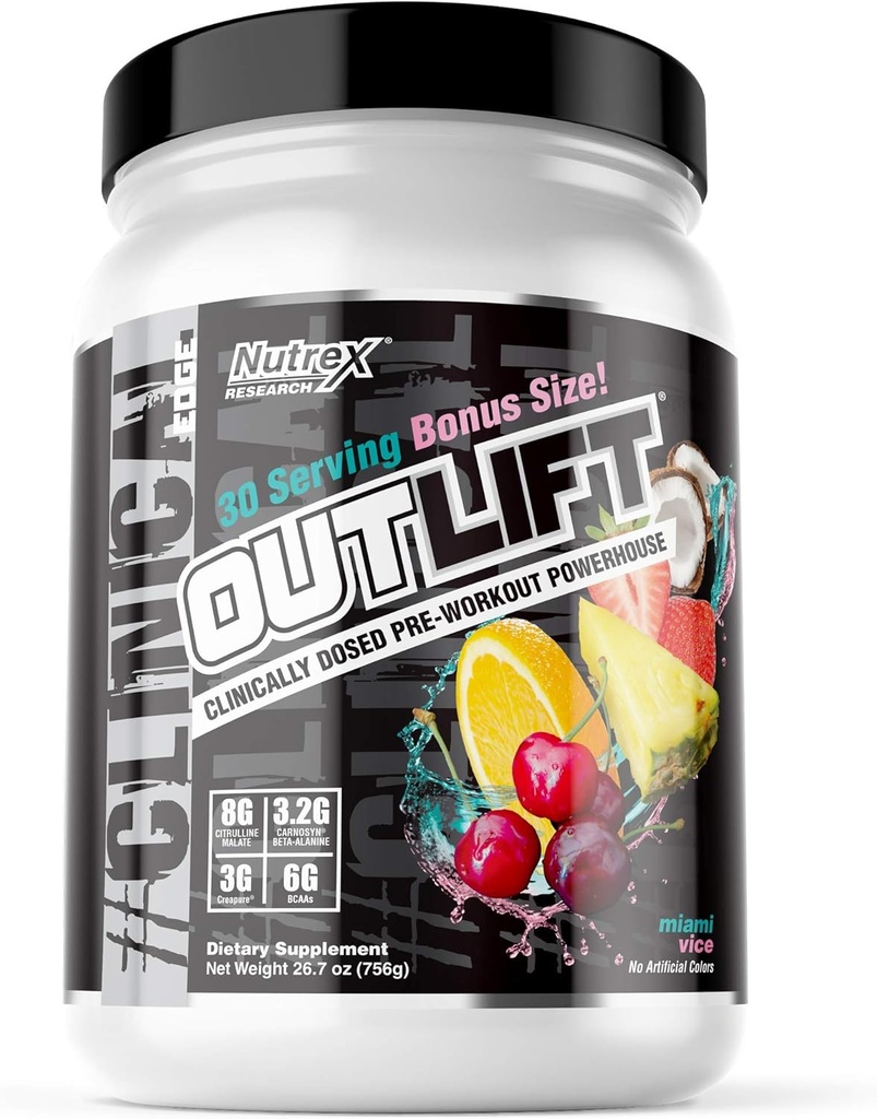 Nutrex Outlift Polvere pre allenamento clinicamente dosata con creatina, citrullina, BCAA, Beta Alanine, Caffeina | Energia, Potenza, Pompa Preworkout Supplement | Miami Vice 30 Serving