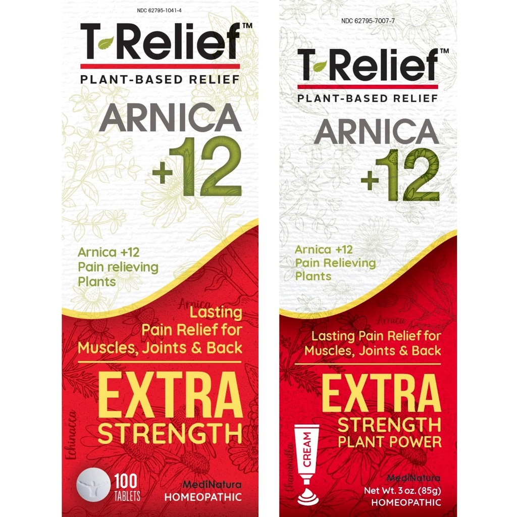 MediNatura T-Rilievo di dolore ad alta resistenza Arnica +12 Rilievi di dolore piantati 100ct Tablets T-Rilievo di dolore ad alta resistenza Rilievo 3oz Crema Bundle