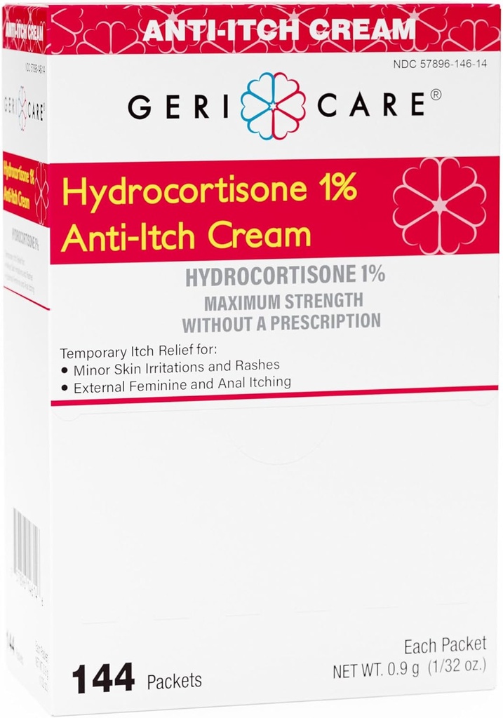 Gericare Hydrocortisone 1% Crema Anti-Itch, Forza massima, 144 Conte Pack, 0.5oz Ogni confezione (Pacchetto di 1)
