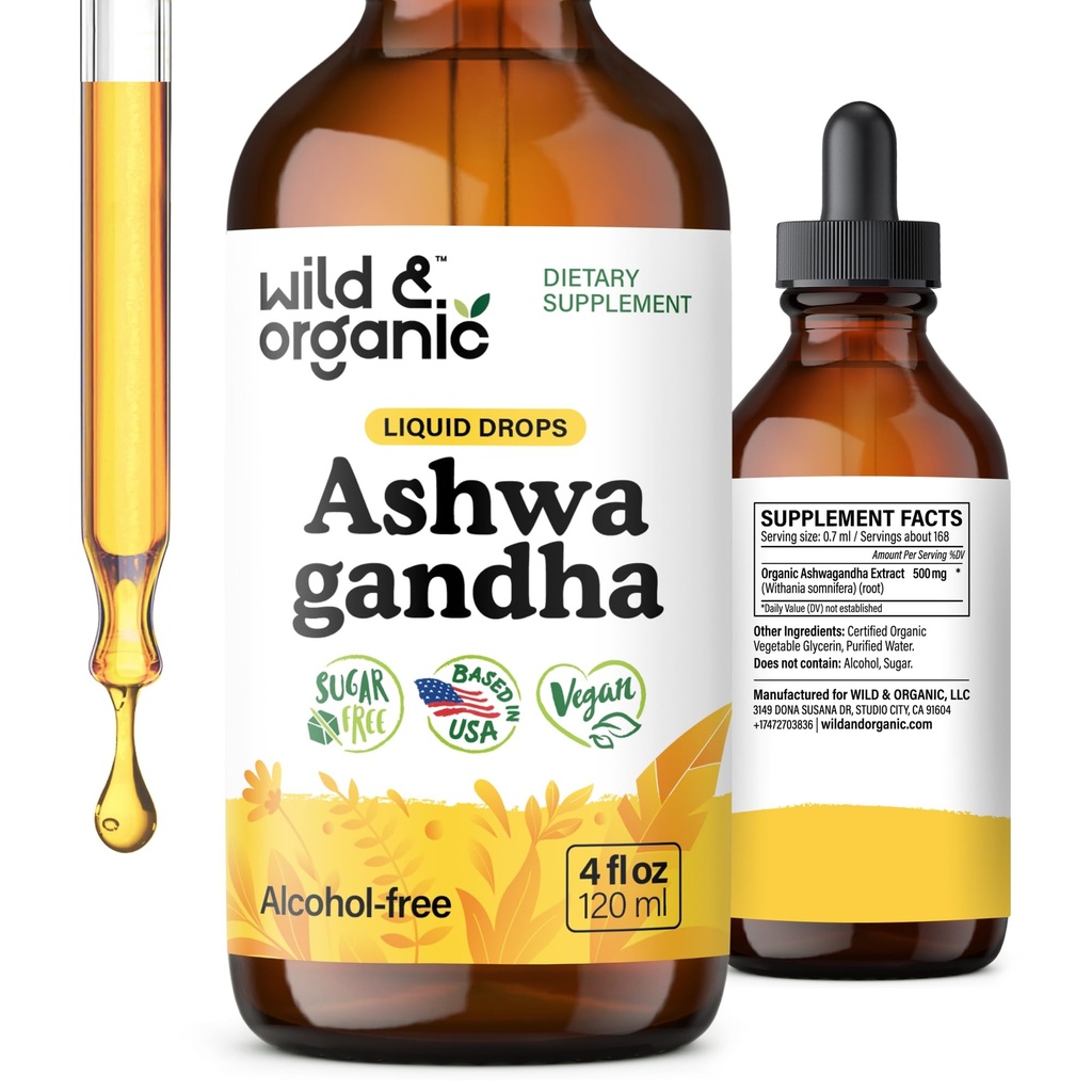 Gocce di Ashwagandha di Wild & Organic - Integratore di supporto del mood w/Ashwagandha Estratto di radice - Gocce liquide per la mente calma - Integratori di rilassamento - Zucchero e senza alcool - 4 fl oz