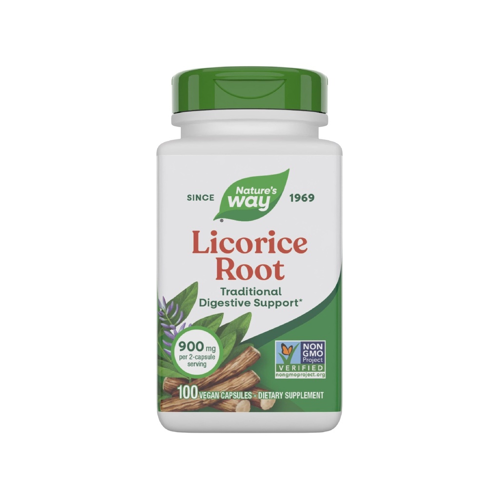 Radice di liquirizia della natura, Integratore di supporto digestivo tradizionale*, 900 mg per 2-Capsule Serving, Progetto non OGM verificato, 100 capsule vegane (varia di maggio di imballaggio)