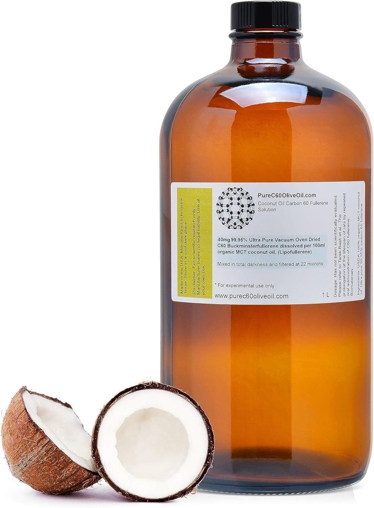 PureC60OliveOil C60 Organic MCT Coconut Oil 1L / 33.8 Fl Oz - 99.95% Carbon 60 Solvent Free 400mg - Amber Glass Bottiglia - Carbon 60 Coconut Oil - dal produttore globale leader