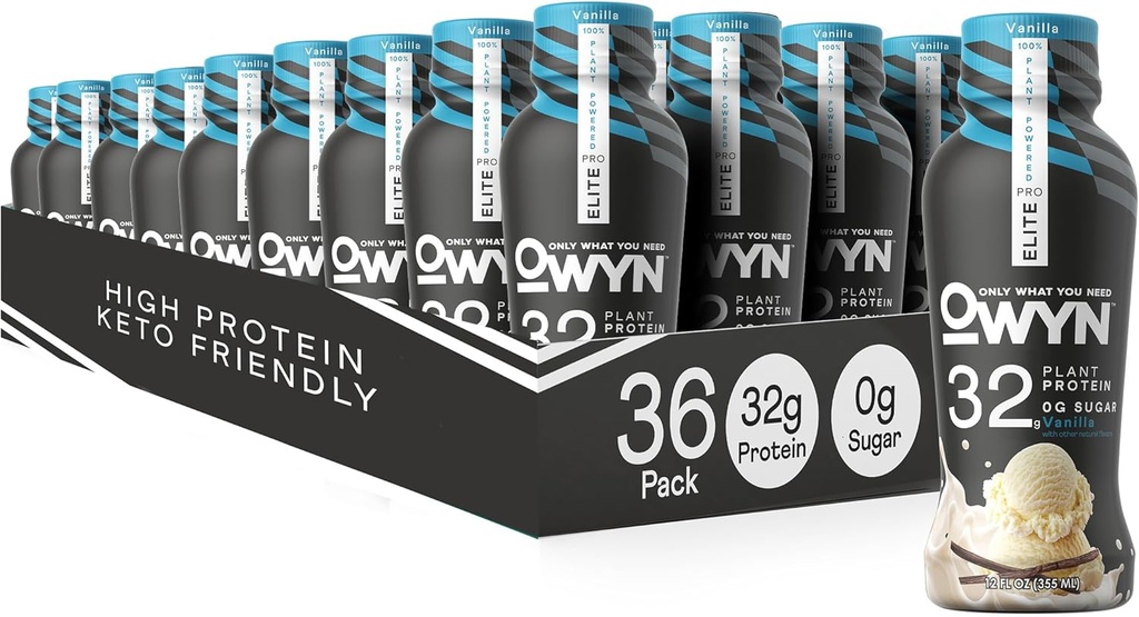 OWYN Solo quello che ti serve Pro Elite Vegan High Protein Keto Shake, 32g Protein, 9 Aminoacidi, Omega-3, Prebiotici, Allenamento e Recupero, 0g Carbi Net, Zucchero Zero (Vanilla, 12 Fl Oz (Pack of 36)