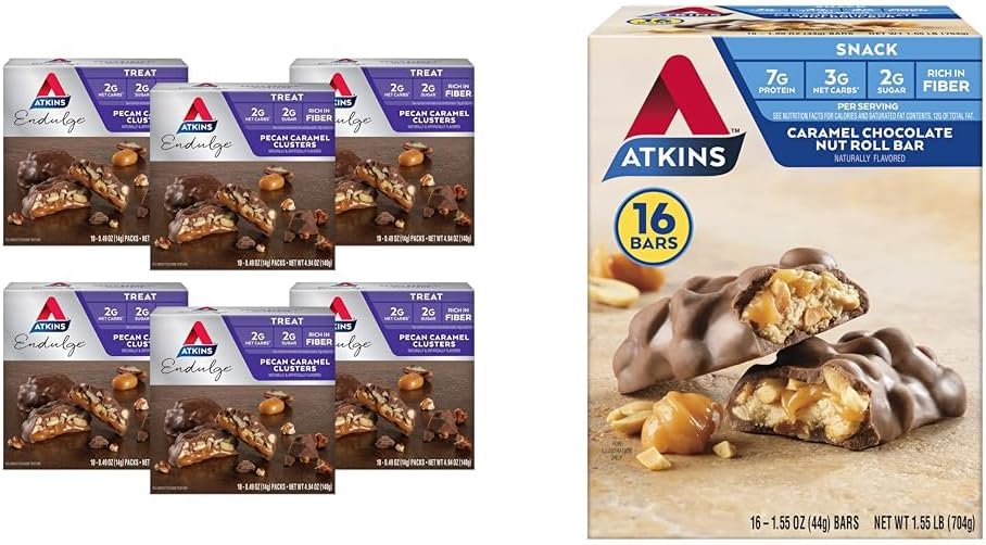 Atkins Pecan Caramel Clusters 60 Conte, Caramel Chocolate Nut Roll Snack Bar 16 Conte