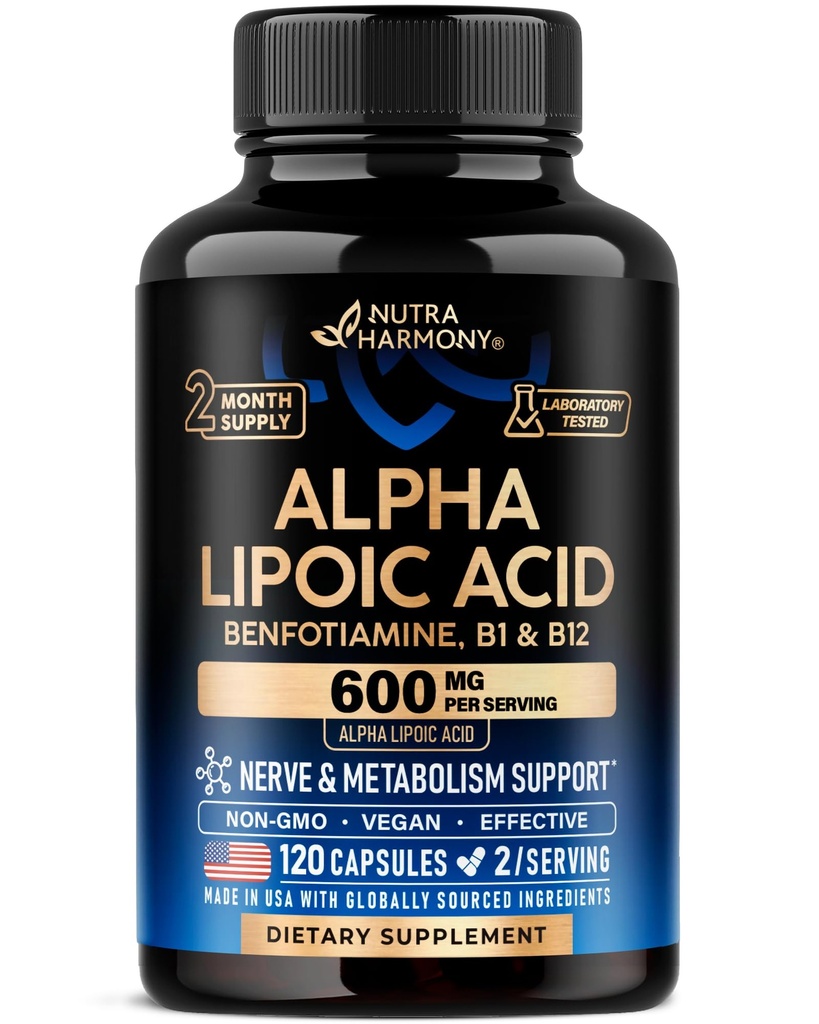 Acido alfa lipoico 600mg - ALA Supplemento Antiossidante per Nerve, Energy & Metabolism Support - Resistenza extra con Benfotiamine, B1 & B12 - Lab Tested, Non-GMO & Vegan - 120 capsule, 2 mesi di fornitura