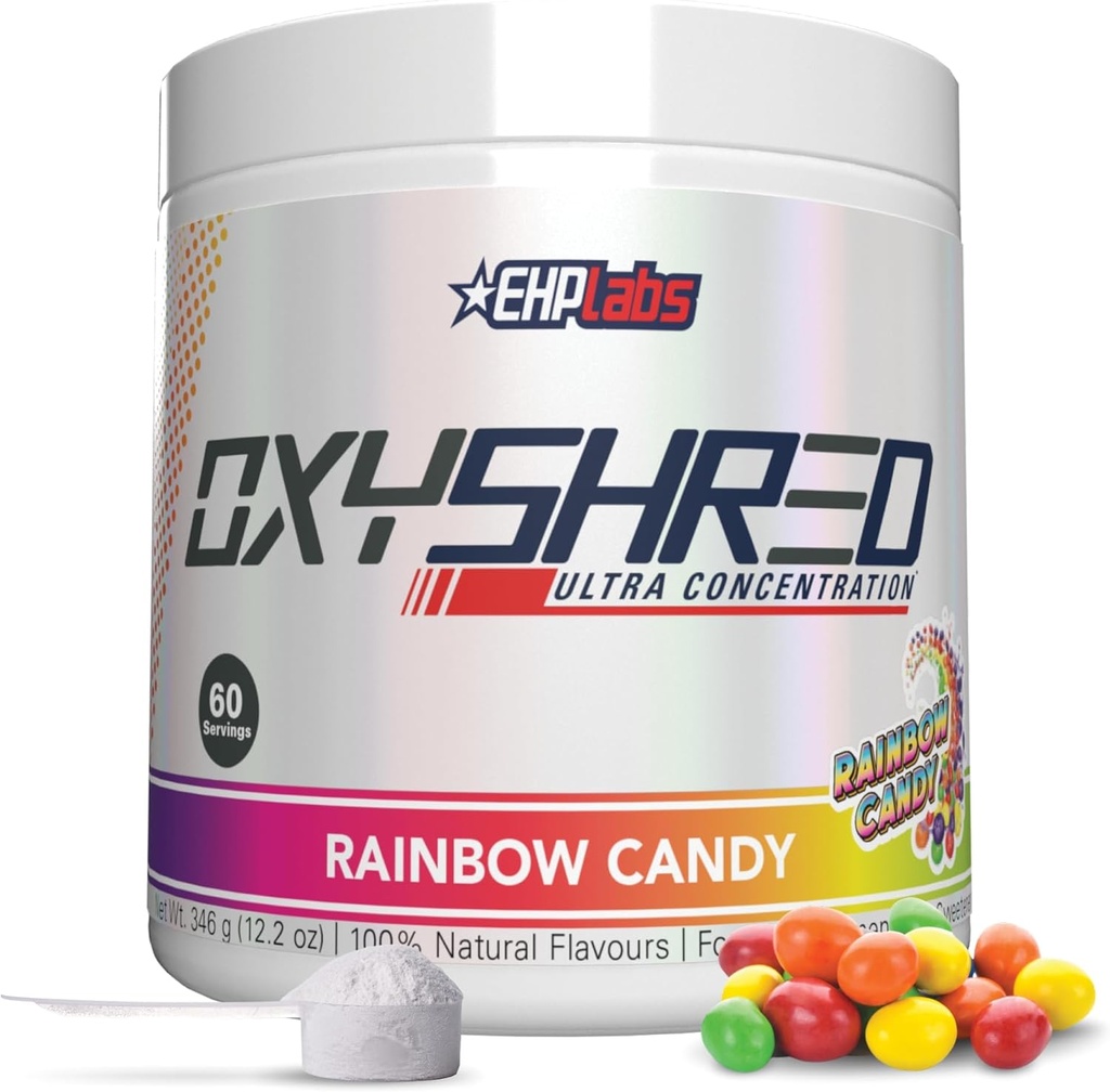 EHP Labs OxyShred Pre Workout Powder - Polvere pre-allenamento con L Glutamine & Acetyl L Carnitina, Energy Boost Drink - Rainbow Candy, 60 Servings