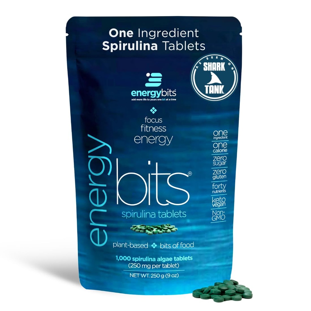 ENERGYBITS - Compresse Spirulina Organiche - Superfood Algae Basato sulle piante - per Focus, Fitness, Energia - Proteine delle piante - Gluten Free - Collagen, Vitamina B12, Omega 3 - Keto & Vegan - 1000 Alghe Tablets