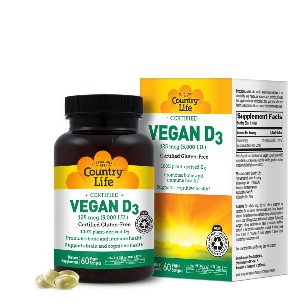 Country Life Vegan D3 5000 IU – Vitamina D3 derivata dalla pianta da Lichen – Supporto Immune & Bone ad alta potenza – Certificato Vegan, senza glutine, non OGM – 60 Softgels
