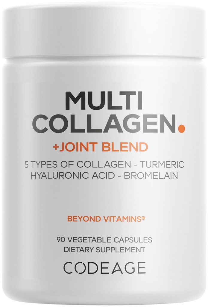 Codeage Multi Collagen Protein + Joint Blend Supplement, Acido ialuronico, Bromelain, Turmerico, Ginger, Boswellia, Astaxantina - Collage bovina idrolizzata - 5 tipi di collagene - Non-GMO - 90 capsule