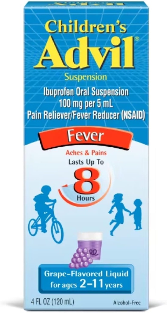 Sospensione Advil per bambini Ibuprofen 100mg Reliever di dolore rapido e Riduttore di febbre Ultimo fino a 8 ore Grasso Liquido per età da 2 a 11 anni - 3 Confezione da 4 bottiglie FL Oz