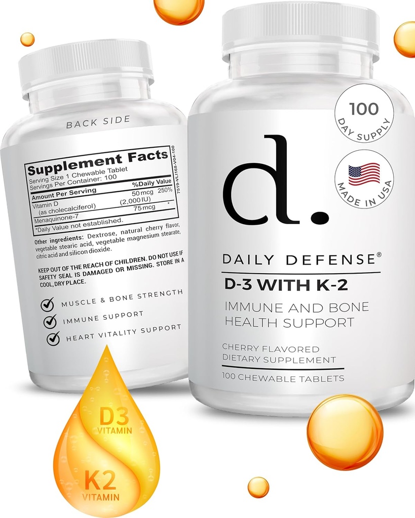 Integratori di difesa immunitaria Vitamina D3 K2 2000IU per la salute del cuore, supporto immunitario giornaliero, Clarity mentale, & Funzione del muscolo - 100 compresse masticabili