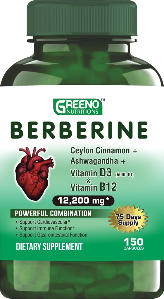 Berberina 12200mg con Ceylon Cinnamon Ashwagandha Vitamina D13 + Vitamina B12 Supporto Cuore Immune - 75 giorni Alimentazione -150 Conteggio (Pacchetto di 1)
