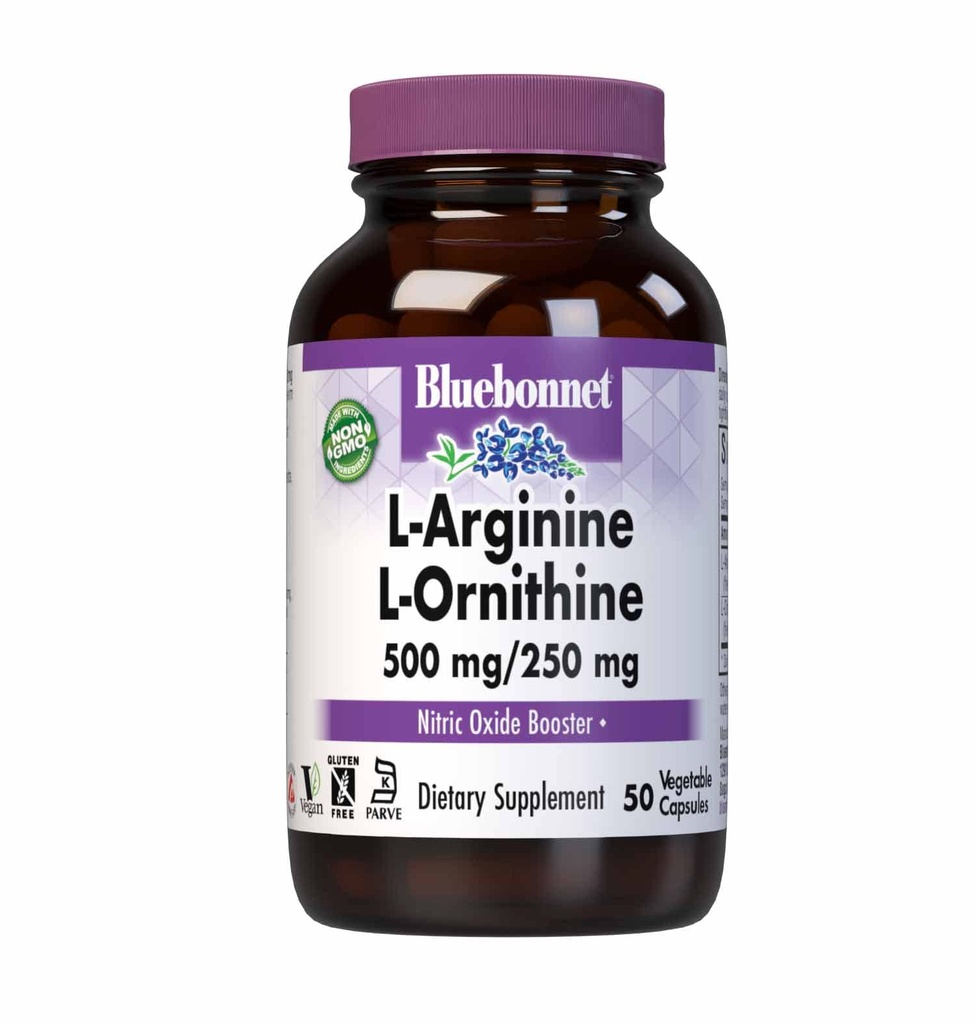 Bluebonnet Nutrition L-Arginina 500mg/L-Orinithine 250mg, Supporta Metabolismo Proteine*, Soia-Free, Senza Glutine, Non OGM, Certificato Kosher, Vegan, 50 Capsule Vegetali, 50 Serve