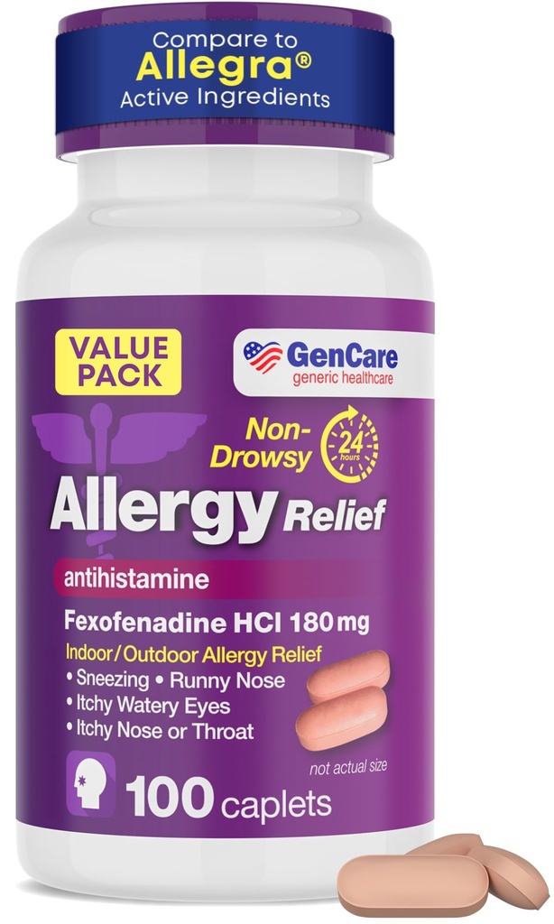 GenCare Allergy Relief Pills - Fexofenadine 180mg 24 ore Non-Drowsy Allergy Medicine Antihistamine, Confronta Allegra 24 ore Pillole non Drowsy per Itchy Eyes, Runny Nose, Hives (100 Conte)