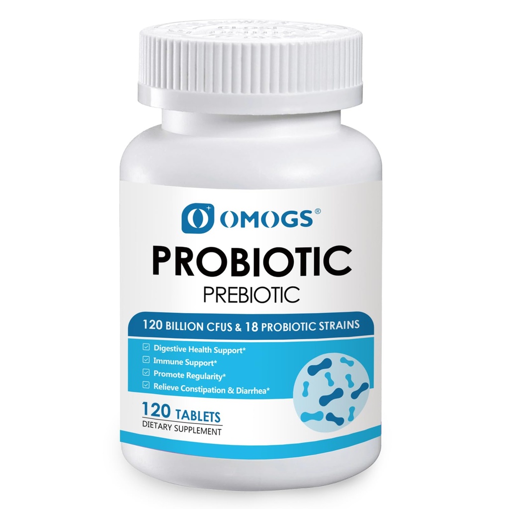 OMOGS Probiotics 90 miliardi di CFU 18 Strains, con 3 prebiotici organici e vitamina C, supplemento nutrizionale per le donne, i bambini e i bambini, sostegno Metabolismo, Immunità e salute digestiva, Non-OGM, 90 compresse