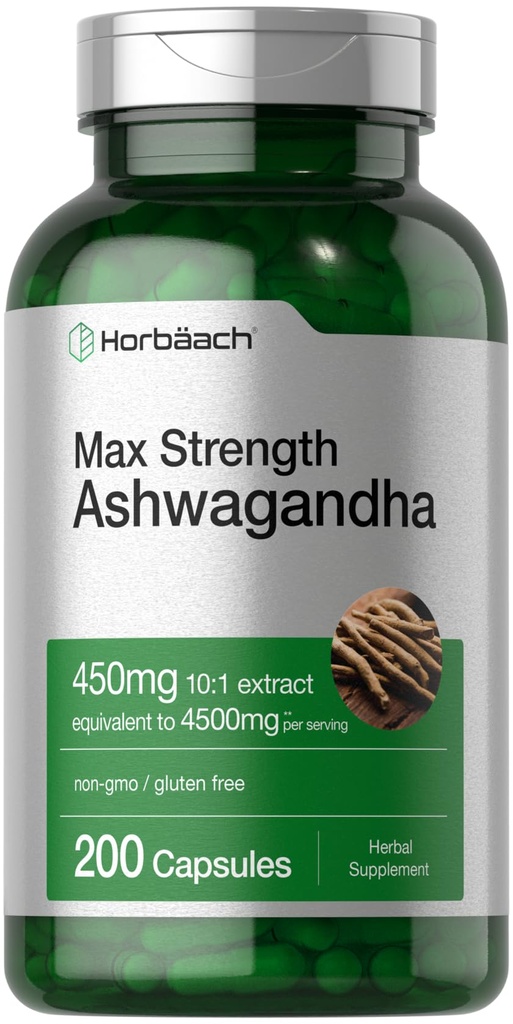 Horbäach Ashwagandha Supplemento | Max Strength | 200 capsule | per donne e uomini | Non OGM, Gluten Free
