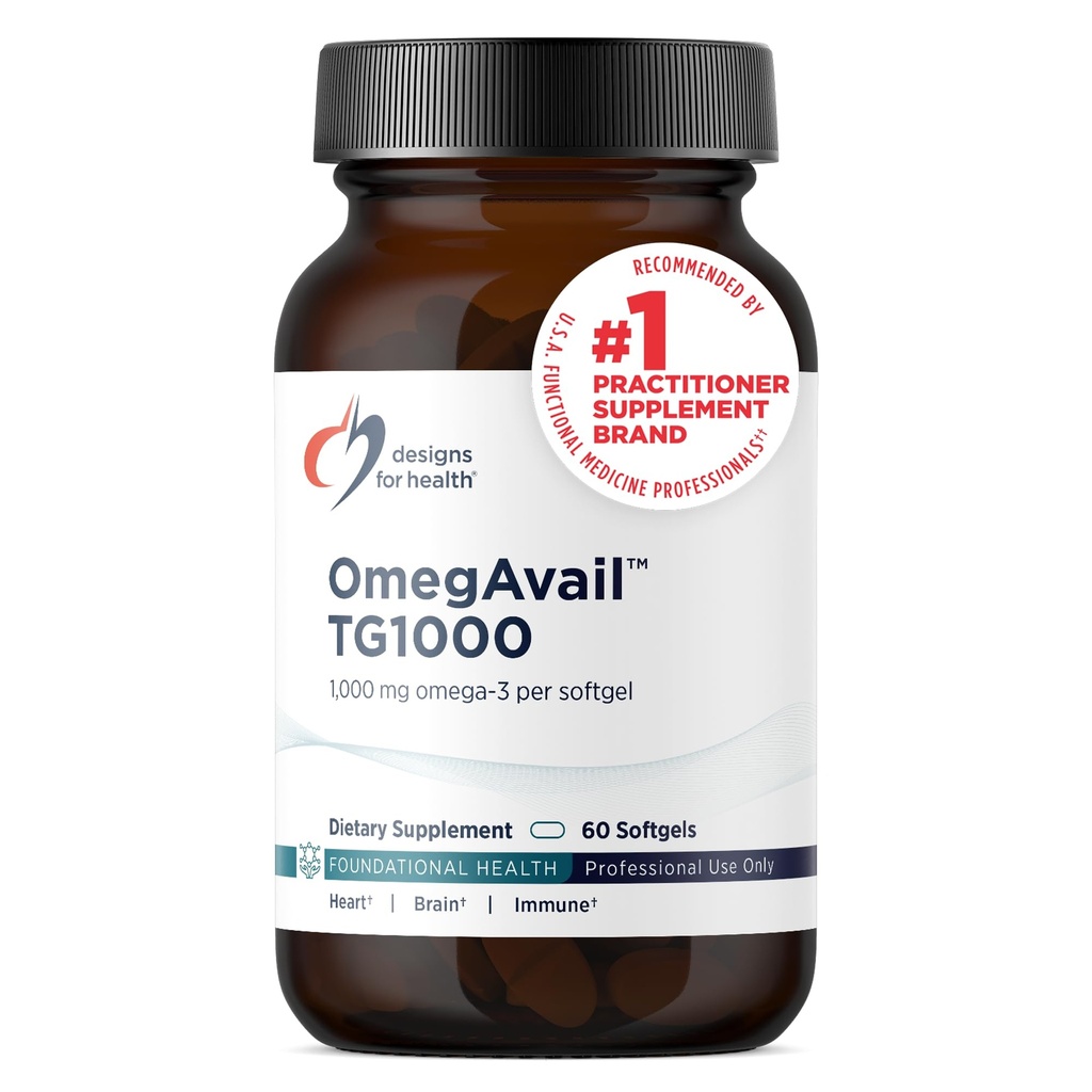 Design per la salute OmegAvail TG1000 - TG (Trigliceride) Integratore di olio di pesce con EPA/DHA - Altamente concentrato 1000mg Omega-3 Per Softgel - Natural Lemon Flavor + No Fishy Aftertaste (60 Softgels)