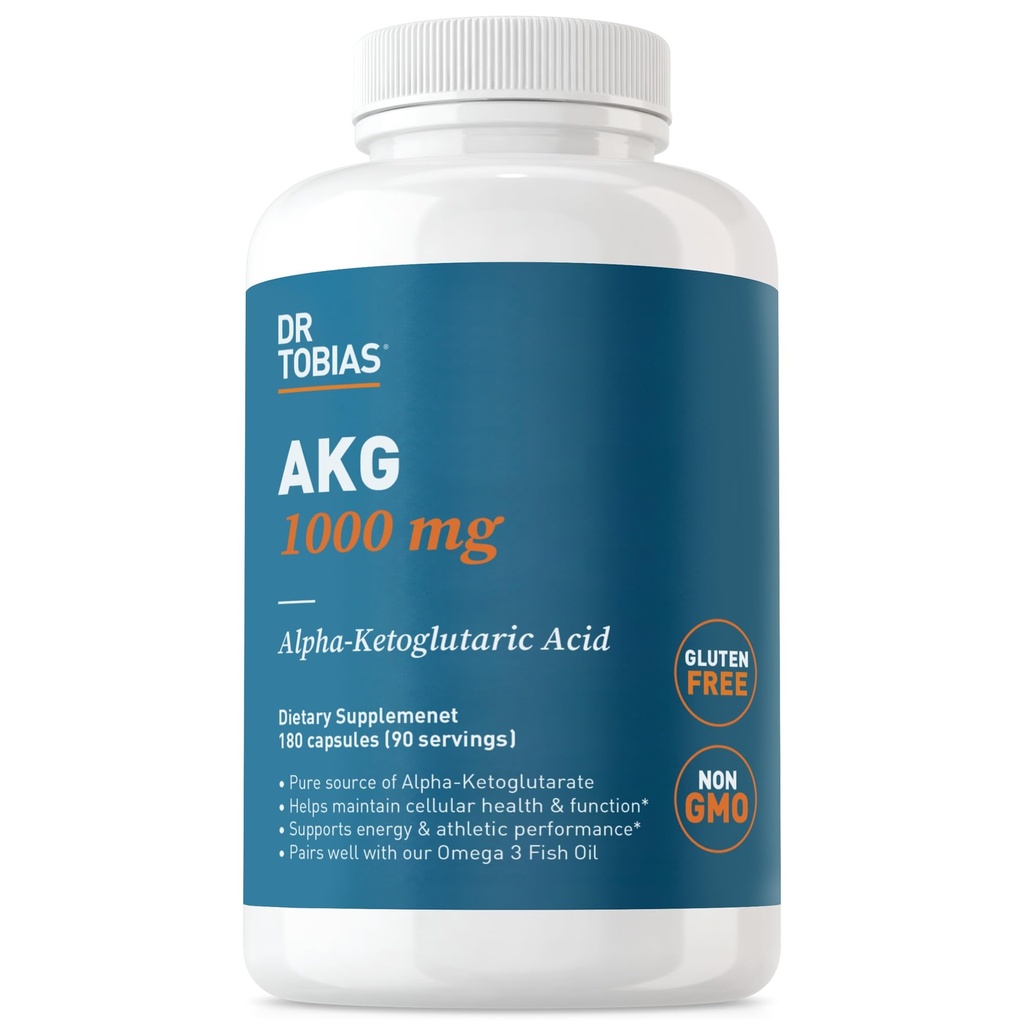 Dr. Tobias AKG Supplement 1000mg Per Serving, Biodisponibile Alpha Ketoglutaric Acid, Supporta l'energia cellulare & Nitric Oxide Flow, Vegan, Gluten-Free, Non-GMO, 180 Capsule, 90 Serve