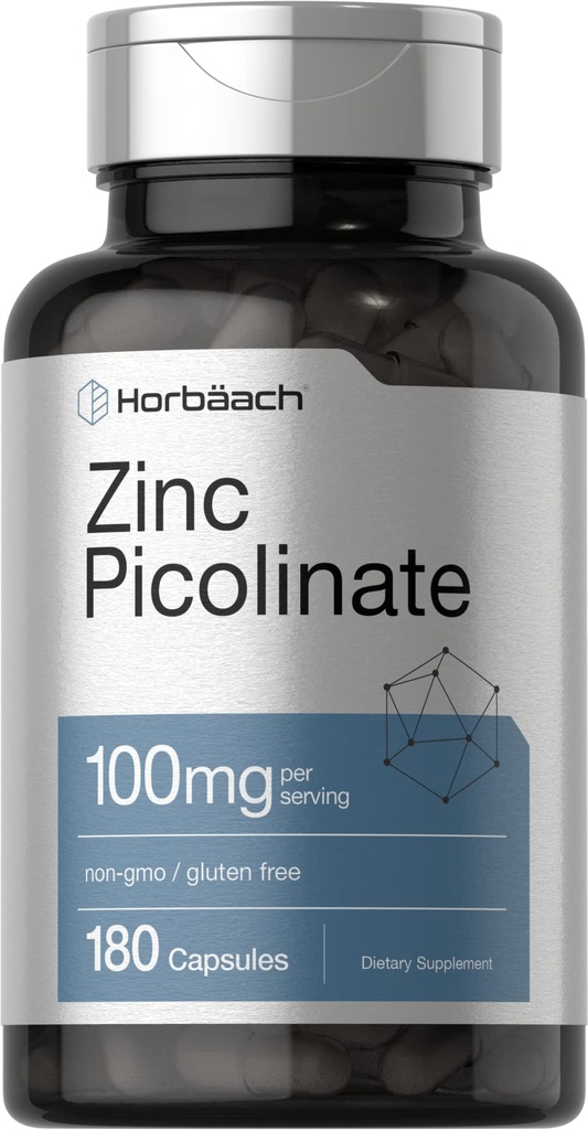 Horbäach Zinc Picolinate 100mg | 180 capsule | Alta potenza | Non OGM, Gluten Free | Zinc Supplement