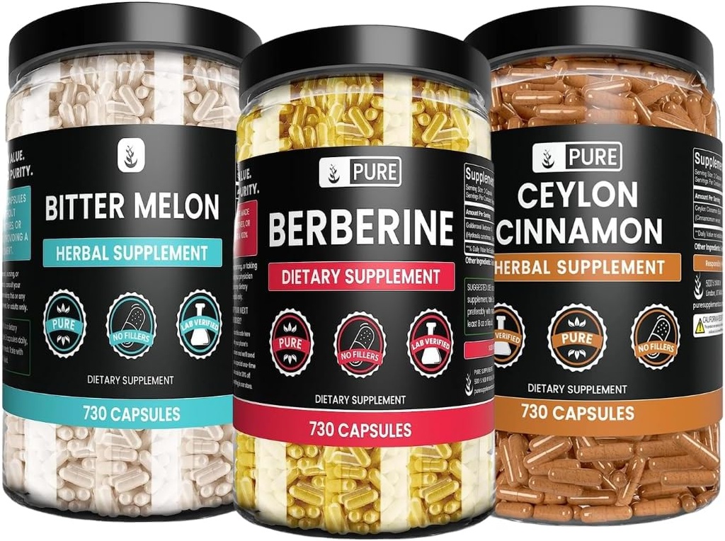 Ingredienti originali puri Berberina, Melone Bitter e Ceylon Cinnamon Capsule Bundle (730 capsule) No Magnesio o Filler di riso