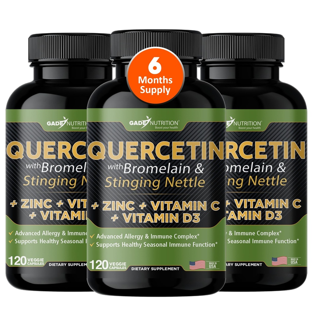 Gade Nutrition Quercetin con vitamina C, Zinc & Sting Nettle - Nettle Quercetin - Quercetin 500mg - Quercetin con Bromelain - Zinc Quercetin + Vitamina D3-360 Veggie Caps - 6 mesi di alimentazione