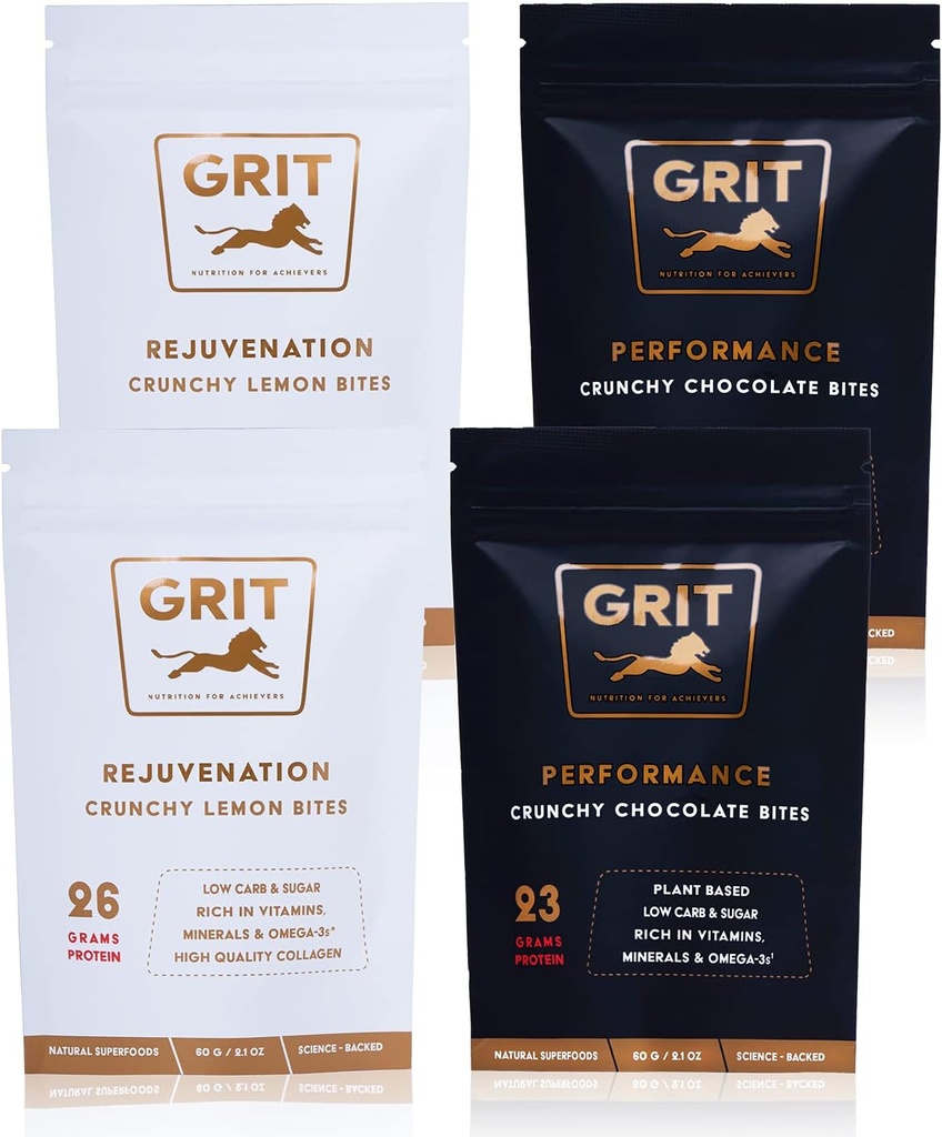 Nutrition Bites Sampler Pack | 23-26g Protein | Pre-Workout ad alta energia e Supporti comuni | Muscle-Building e Endurance | Gluten Free, Keto, No Soy | Superfoods GRIT (60g, 4 pack)