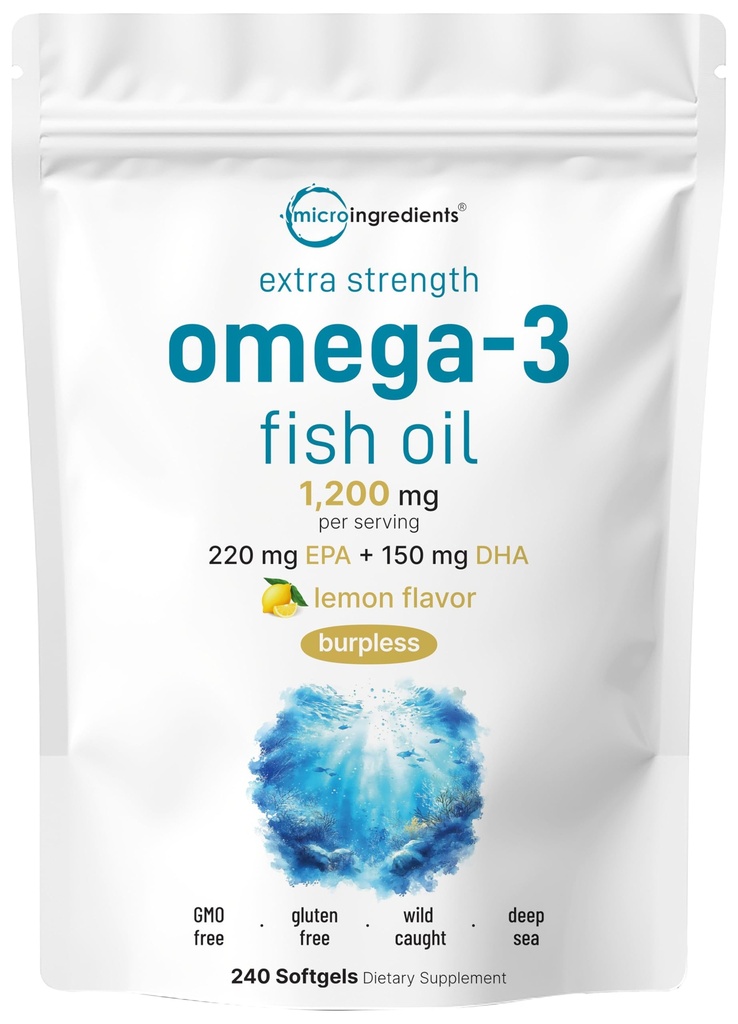 Micro Ingredienti Extra Forza Omega 3 Fish Oil Supplementi 1.200mg Per Serving, 240 Softgels | Limone aromatizzato | Burpless | Acidi grassi essenziali | EPA 220mg + DHA 150mg | Pesce marino profondo