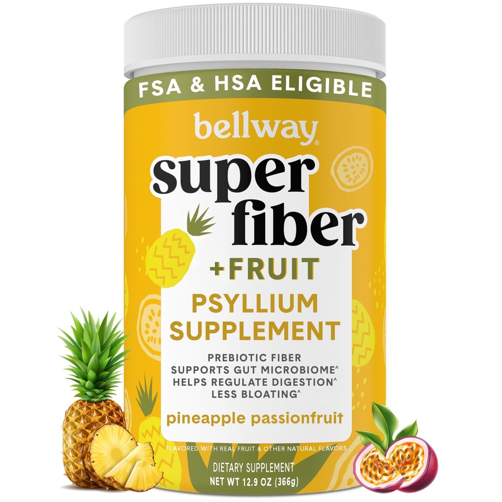 Bellway Super Fiber Powder + Frutta, Sugar Free Organic Psyllium Husk Powder Fiber Supplemento per Regolarità, Bloating Relief & Digestive Health, Plant-Based, Ananas Passion Fruit (50 Servings)