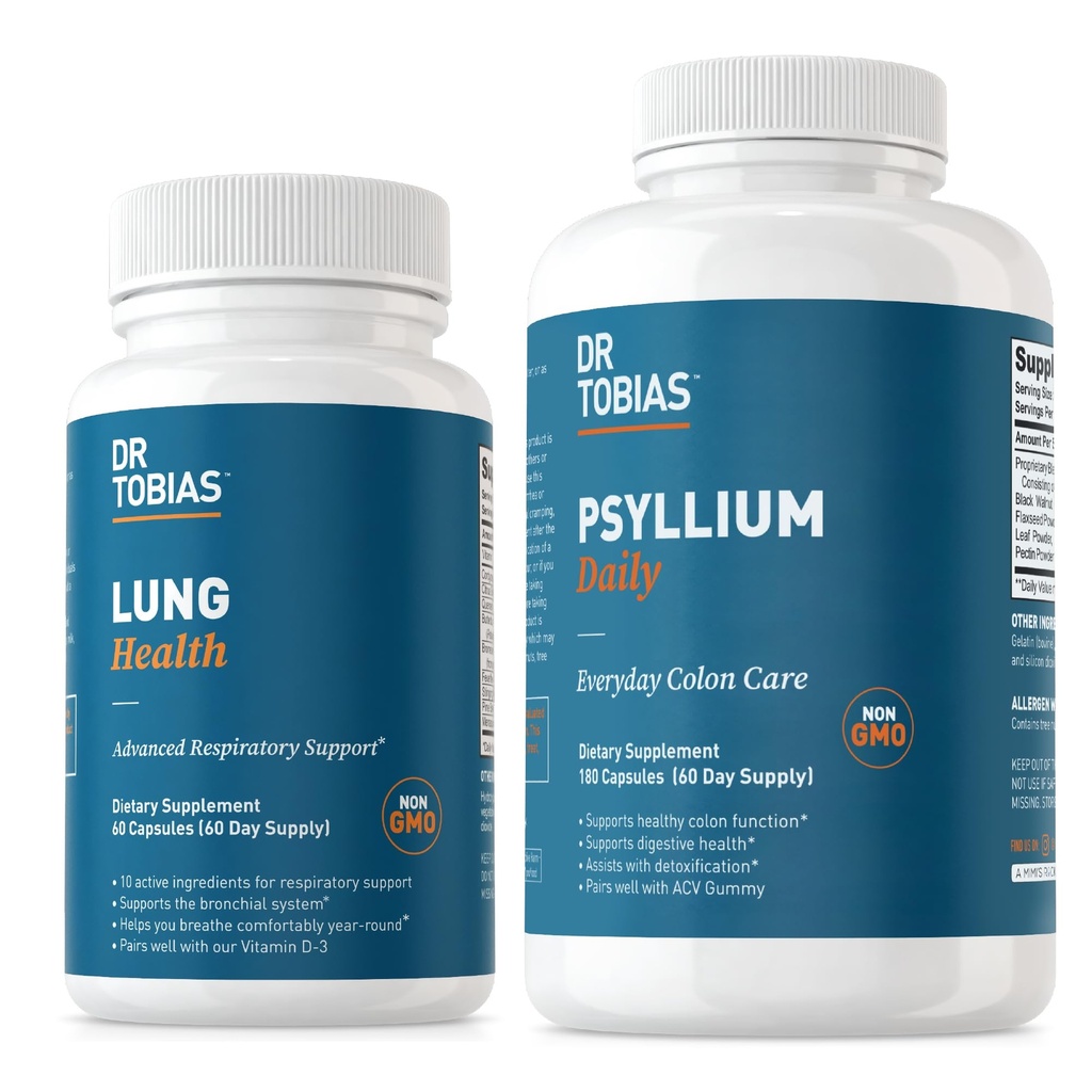 Dr. Tobias Lung Health & Psyllium Supplementi giornalieri, Lung Cleanse & Detox Formula, Supporta i movimenti sani di tassello con Psyllium Husk, Vitamina C, Butterbur, Quercetin, Daily Fiber e Lung Supplemento