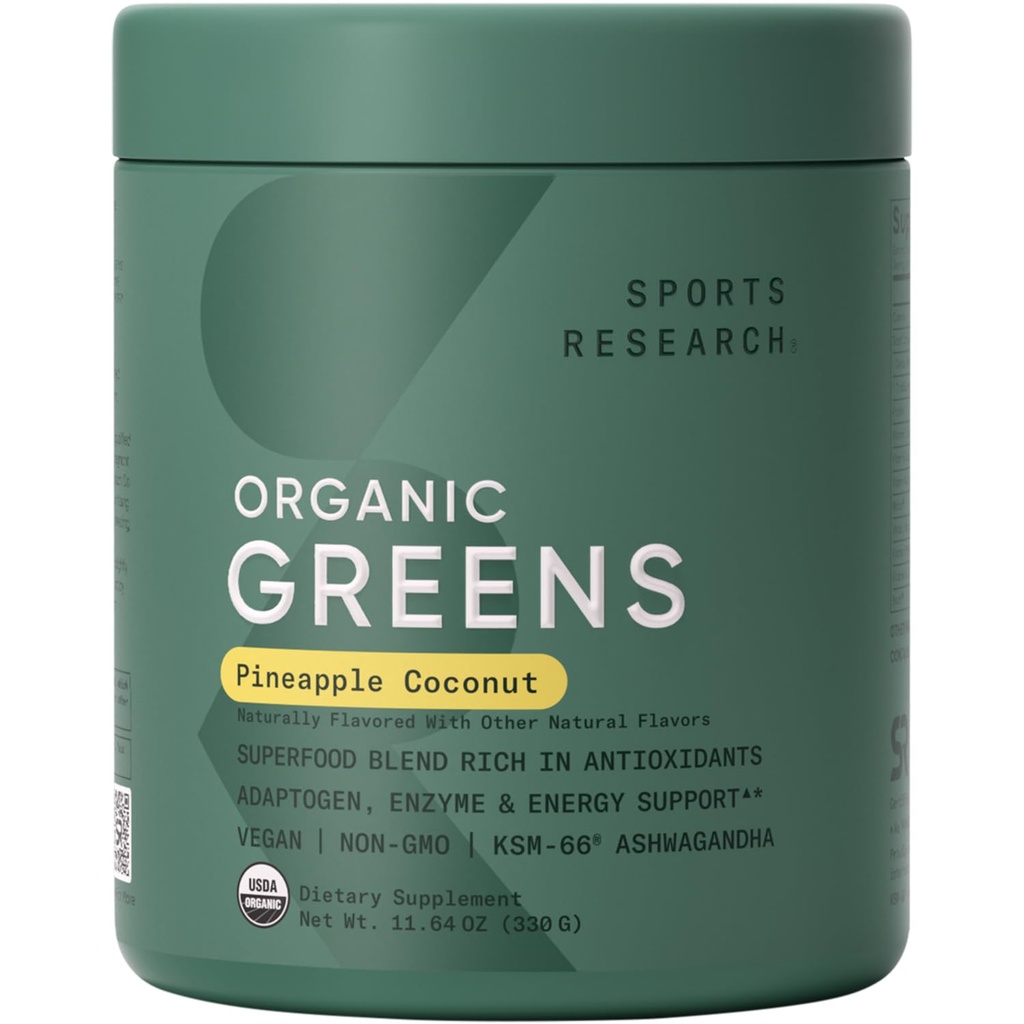 Sport Research® Organic Greens Superfood Powder w/Spirulina, Chlorella, Adaptogens, Enzimi, Probiotici & 8 VIT B per Gut & Mood Support* - Vegan, Sugar-Free & Low-Cal Ananas Coconut 30 Servings