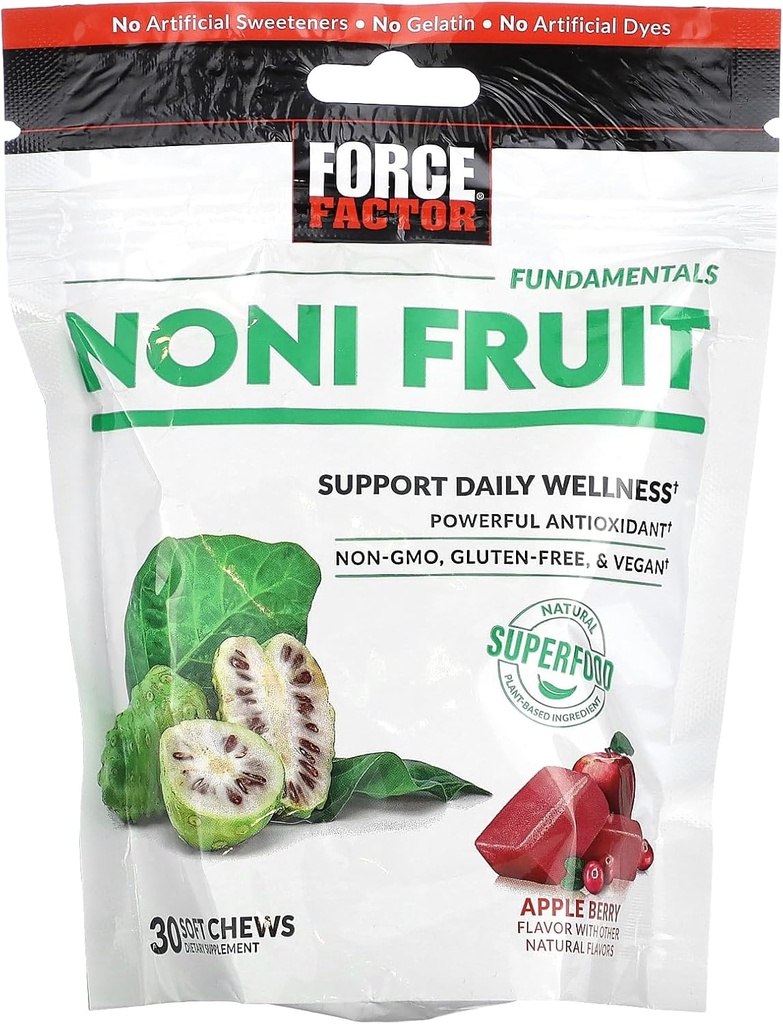 FORCE FACTOR Noni Fruit Chews for Immunity and Skin Health Support, Noni Juice Supplement, Antiossidante a base vegetale Superfood Chews, Gluten-Free, & Vegan, Apple Berry Flavor, 30 Soft Chews