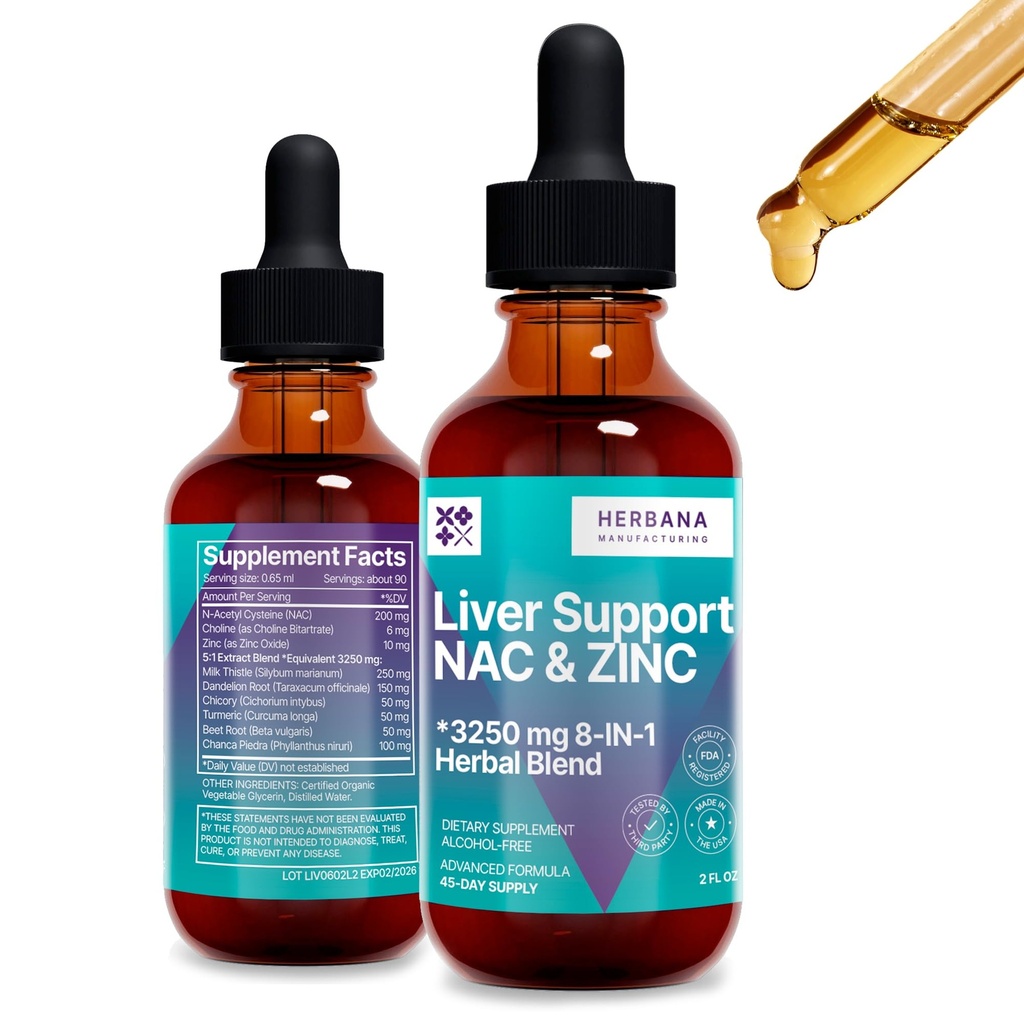 Supporto per fegato e NAC, Zinco - 2 fl oz Gocce liquide con cardo di latte, Radice di dadelion, Chicory, Turcory, Radice di barbabietola, Chanca Piedra - Liver Cleanse & Detox Supplemento