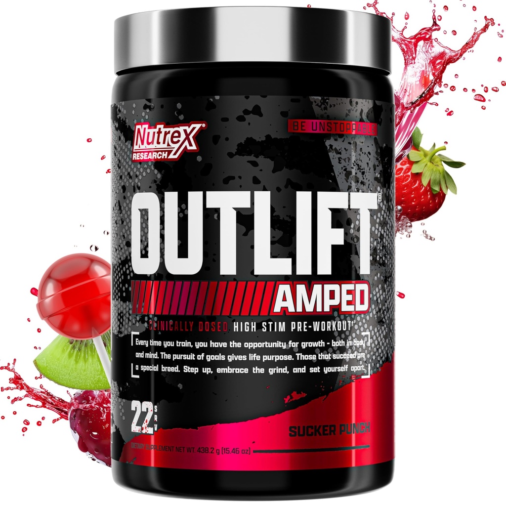 OUTLIFT Amped Max Dosed HIGH STIM Pre Workout Powder, 6G Citrulline, 3.2G Beta Alanine, Alpha GPC, CognatiQ, Extreme Energy, Pompe Massive, Forza, Elettroliti, Nootropics, Fruit Punch, 22 Servings