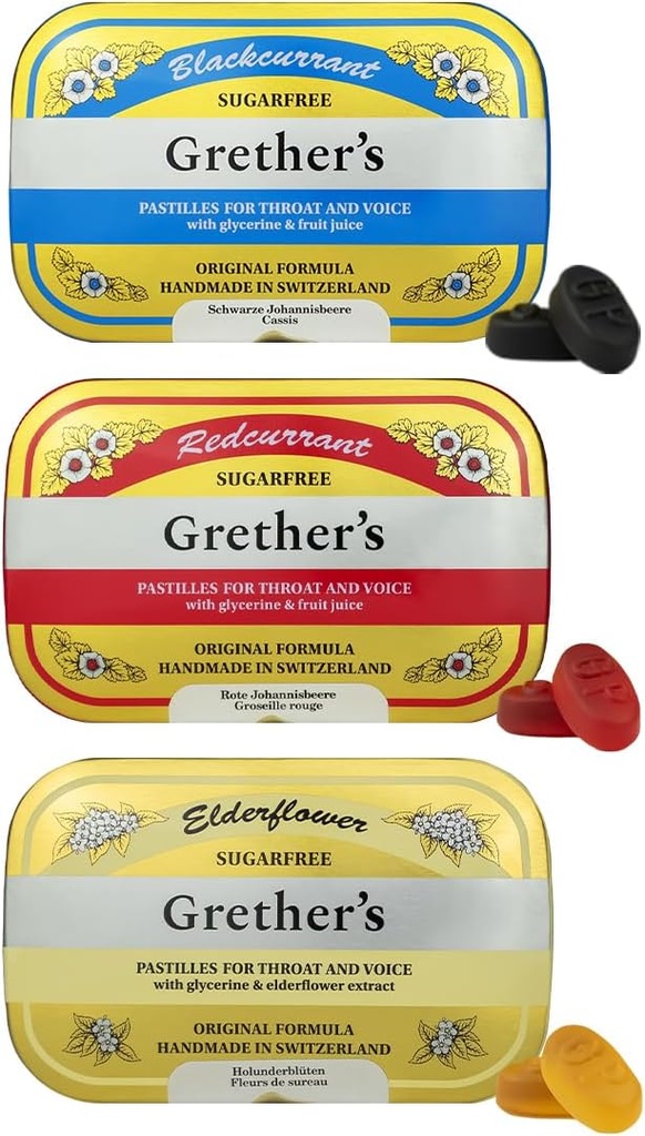 GRETHER's Sugarfree Pastilles Blackcurrant, Elderflower & Redcurrant - Regalo per Cantanti - Rimedio naturale per la schiuma secca Rilievo - 2.1 oz (Pack of 3)
