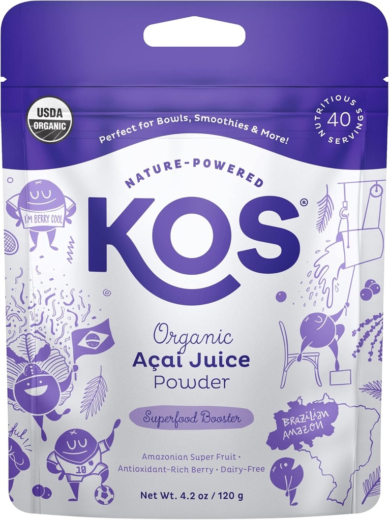 KOS USDA Polvere di acai organica, Superfood non zuccherato - Antiossidante naturale, Acai Berry per Smoothies e Bowls - Abuso di polifenolo, Senza glutine, Non OGM, Sacchetto paranormale, 40 Serve