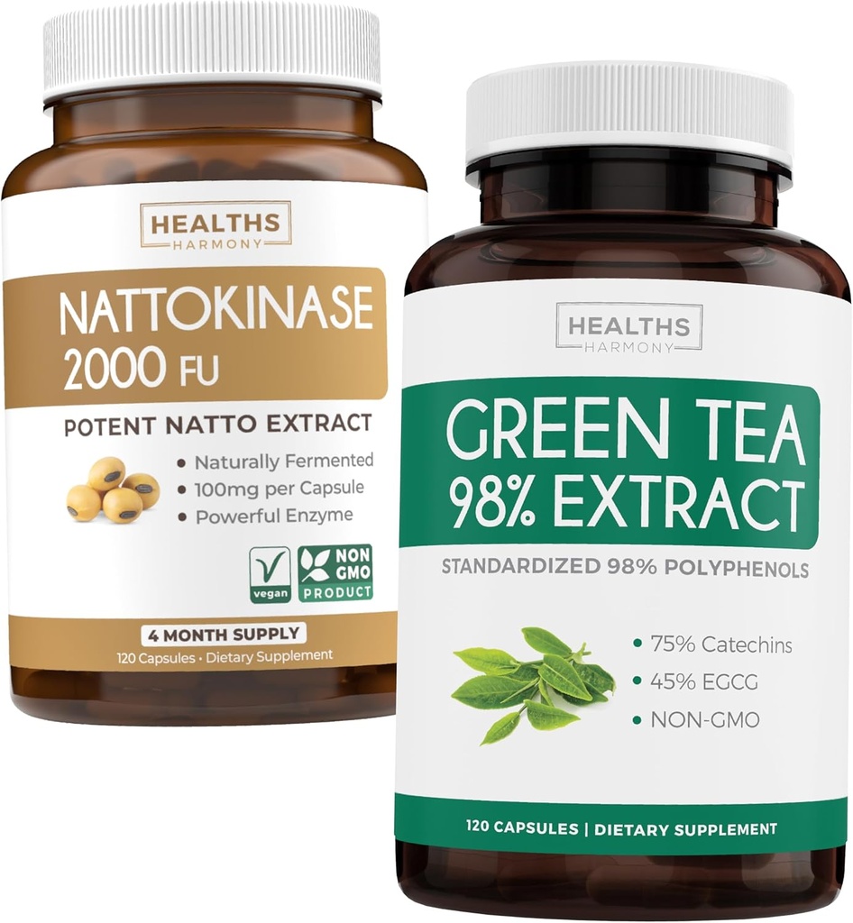 Nattokinase & Green Tea (2-Month) Green Vitality Boost - Nattokinase 2000 FU Potente Soia naturalmente Fermentata -120 Caps & Green Tea Extract 98% con EGCG (Non-GMO) Natural Metabolism Boost