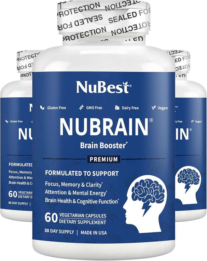 NuBrain - Booster avanzato del cervello - migliorare la memoria, messa a fuoco e la chiarezza con vitamina B6, Ginkgo Biloba, Bacopa Monnieri & More - Integratore del cervello per uomini e donne - 3 Pack | 3 mesi di alimentazione