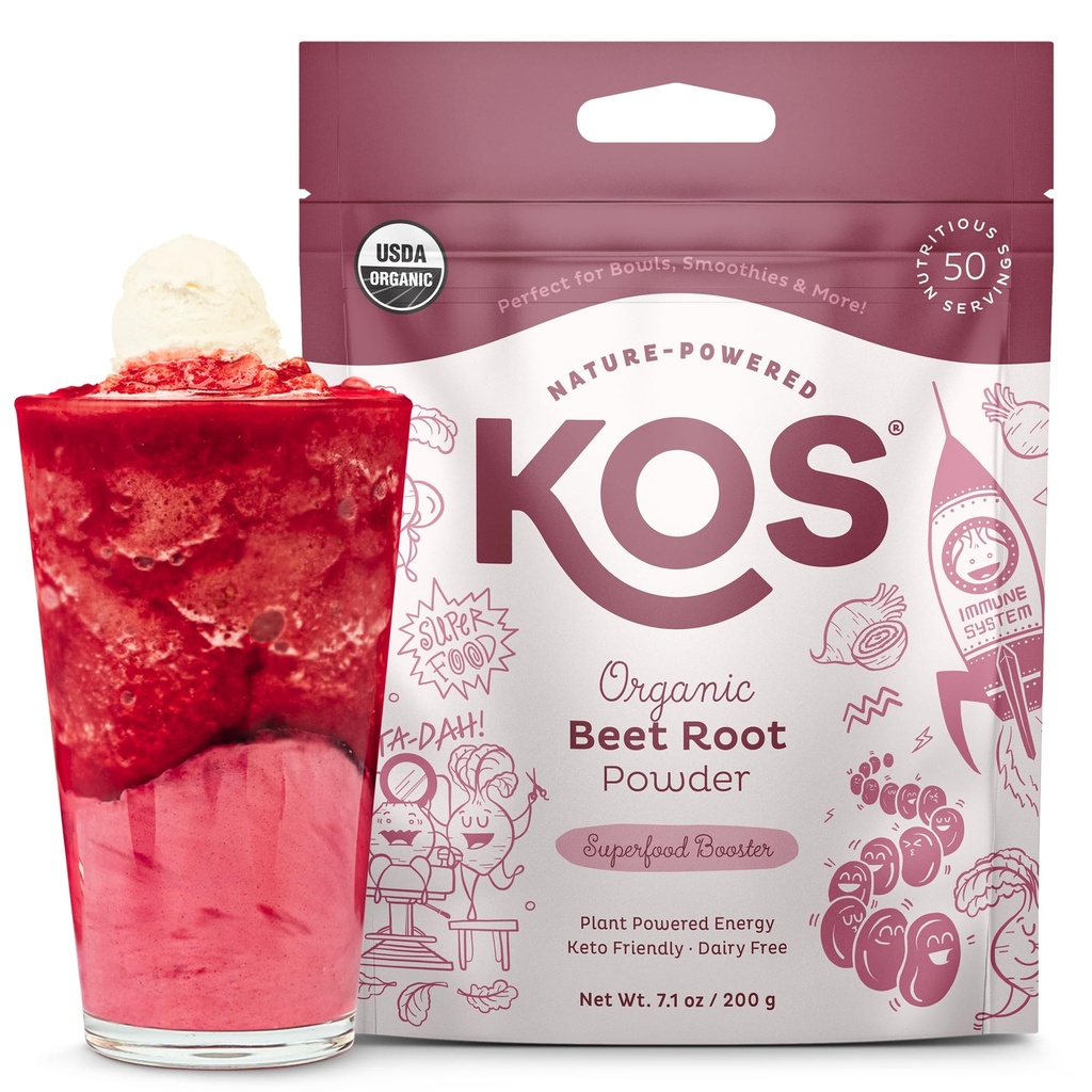 Polvere di radice di barbabietola organica di KOS, certificata USDA - Ingrediente di barbabietola a base di superfood per l'aumento di stamina, Circolazione - Non OGM, Soy & Gluten-Free, 50 Servings Bag