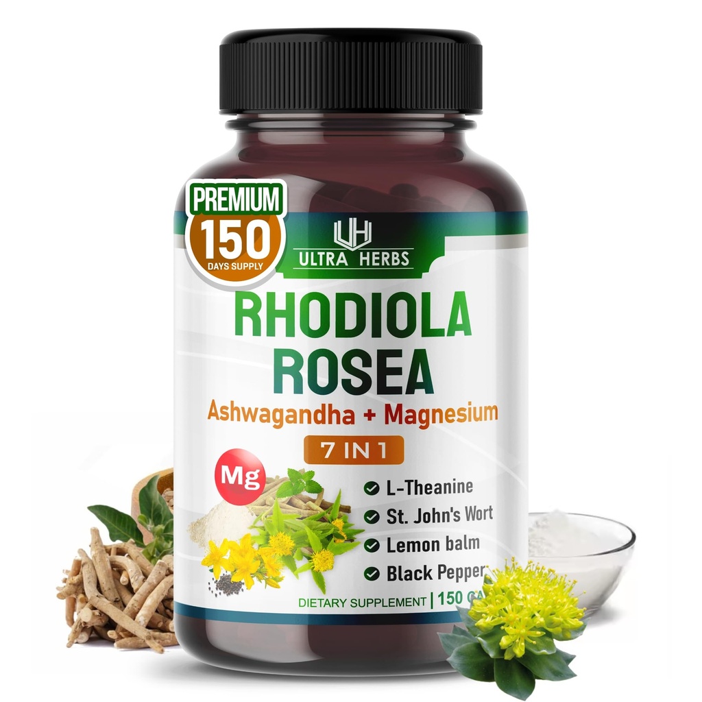 Integratore Rhodiola Rosea Arricchito con Ashwagandha, Magnesio, L-teanina, St. John's Wort, Lemon Balm - Supporto Mood, Sleeps Quality e Mental Focus | 150 Capsule