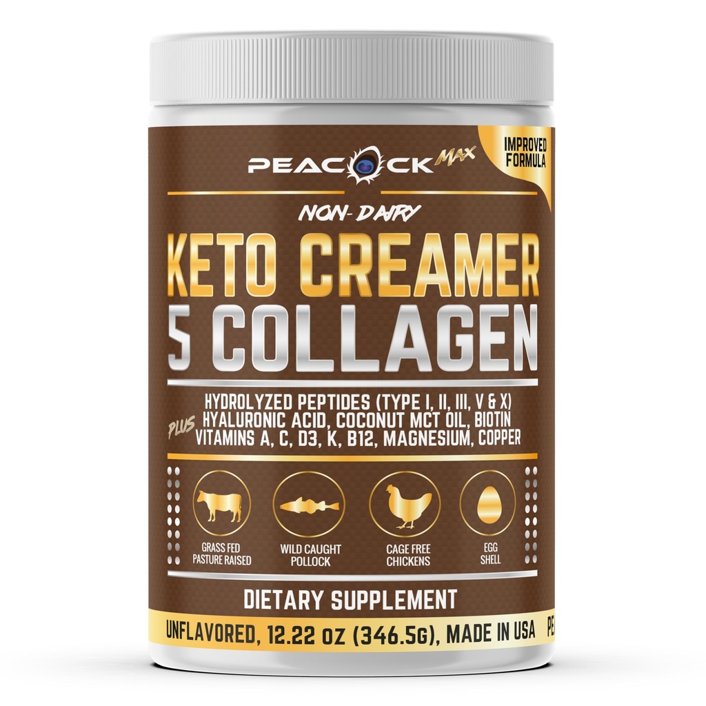 Collagen Keto Coffee Creamer Polvere 12.2 oz - Peptidi di collagene idrolizzati con olio di cocco MCT, B12, Magnesio, Polvere di proteine non aromatizzate, Crema di caffè senza zucchero per Smoothies & Baking