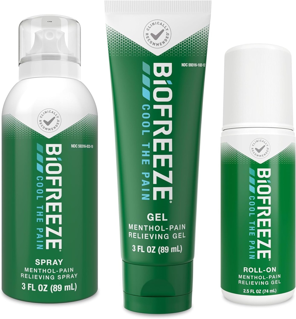 Rilievo del dolore del biofreeze Roll-On 2.5 FL OZ, Gel 3 FL OZ, E Spray 3 FL OZ Variety Pack Topical Pain Reliever per muscoli e articolazioni da artrite, Backache, Strains, Bruises, Sprains (Package May Vary)