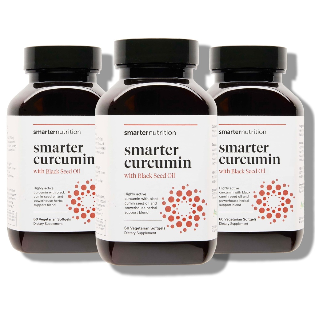 Smarter Nutrition Curcumin Softgels - Vegan High Absorption 400 mg Curcumin Supplemento Standardizzato al 95% Tetrahydrocurcuminoids + Black Seed Oil & Ginger per Joint & Immune Health - 180 Ct