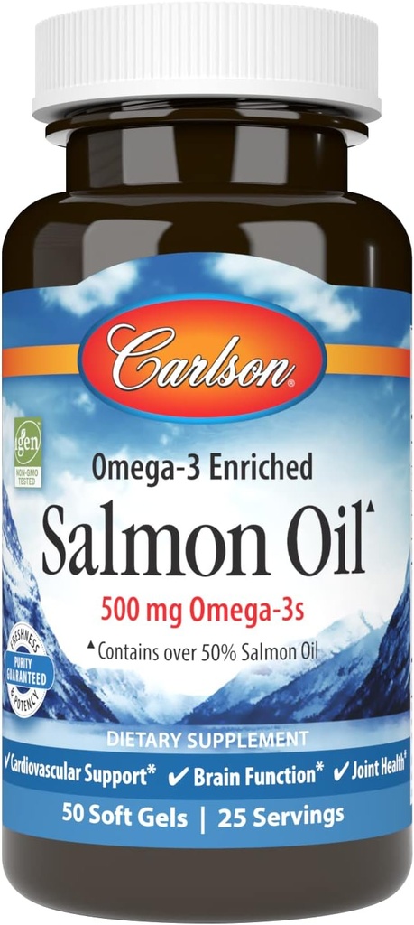 Carlson Salmon Oil, 500mg Omega-3s, Wild-Caught Norwegian Fish Oil, Sostenibilmente Fonte, 50 Softgels