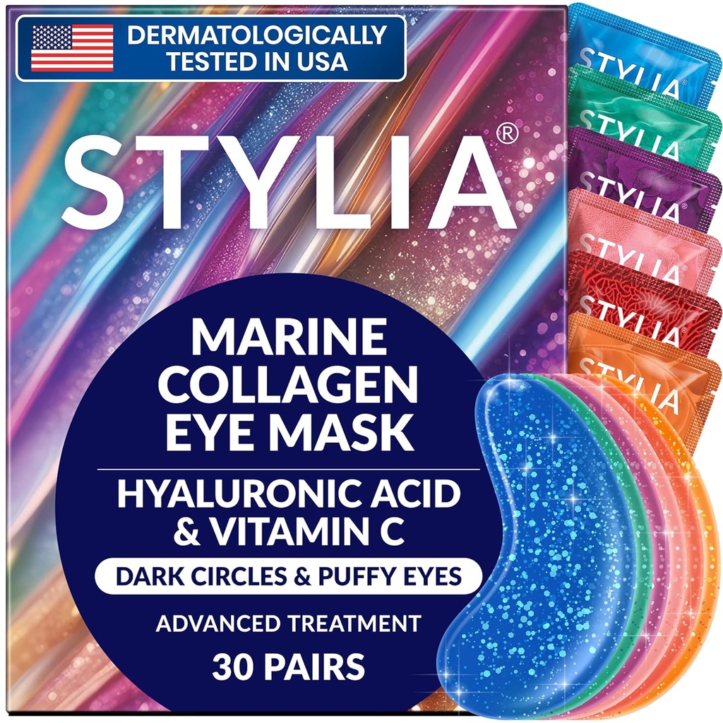 Stylia Collagen & Vitamina C Under Eye Patches for Puffy Eyes & Dark Circles - Depuffing, Hydrating & Firming Under Eye Mask with Hyaluronic Acid - Vegan, Cruelty-Free Skincare (30 coppie)