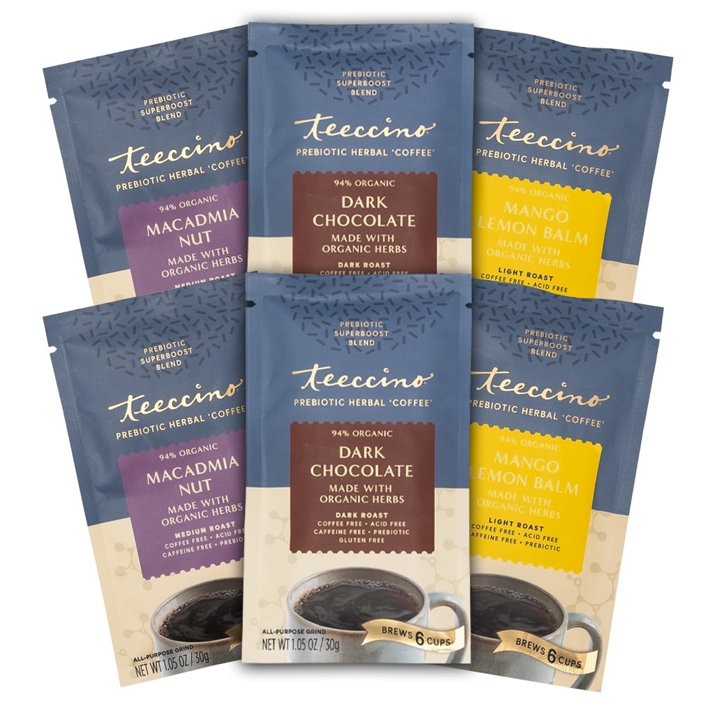 Teeccino Prebiotic SuperBoostTM Herbal Coffee Sampler - 6 Trial-Size Packets - Cioccolato scuro, Mango Lemon Balm, Macadamia Nut - Prebiotici, Caffeina-Free, Alternative di caffè macinato per buona salute Gut